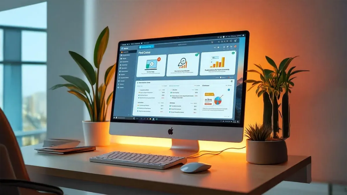Marketing funnel illustration showing a mobile app interface managing leads, customers, and integrations with multiple apps, highlighting AI-powered business automation.