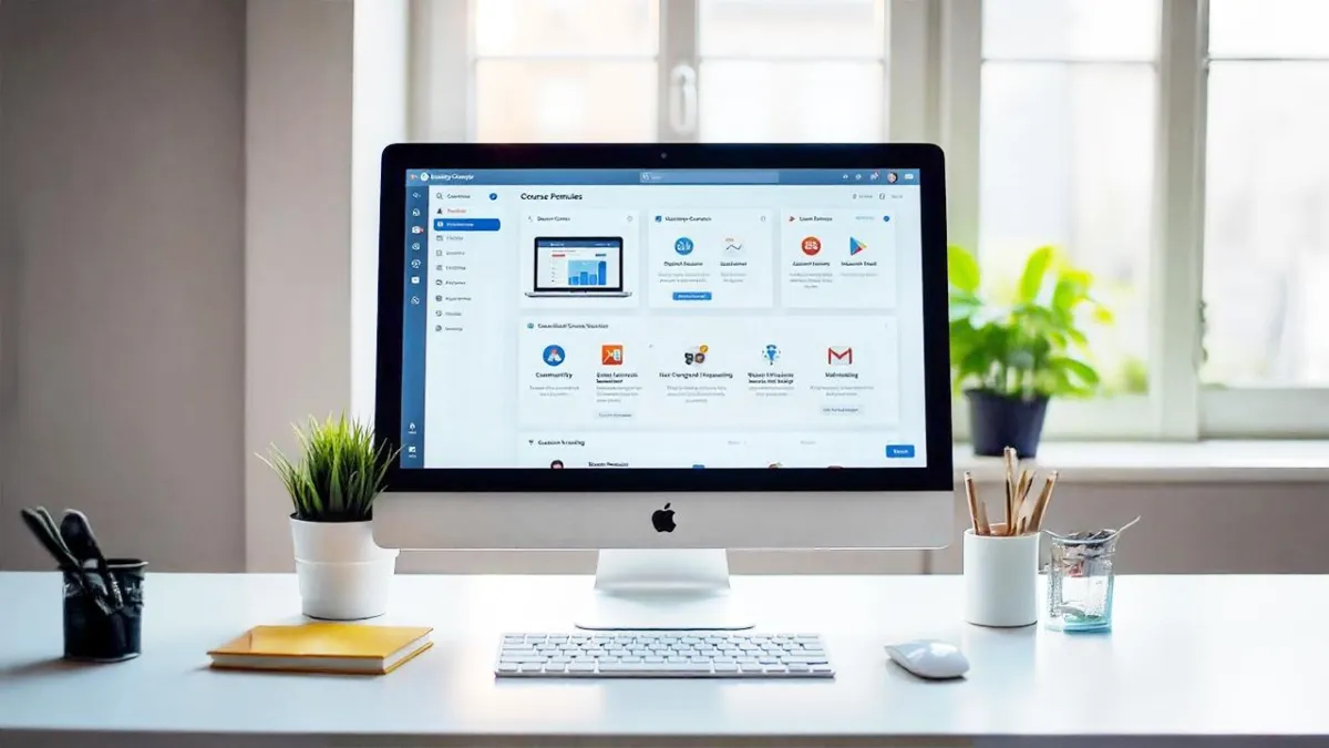 Desktop computer on a clean office desk showing a course templates dashboard with multiple template and integration options.
