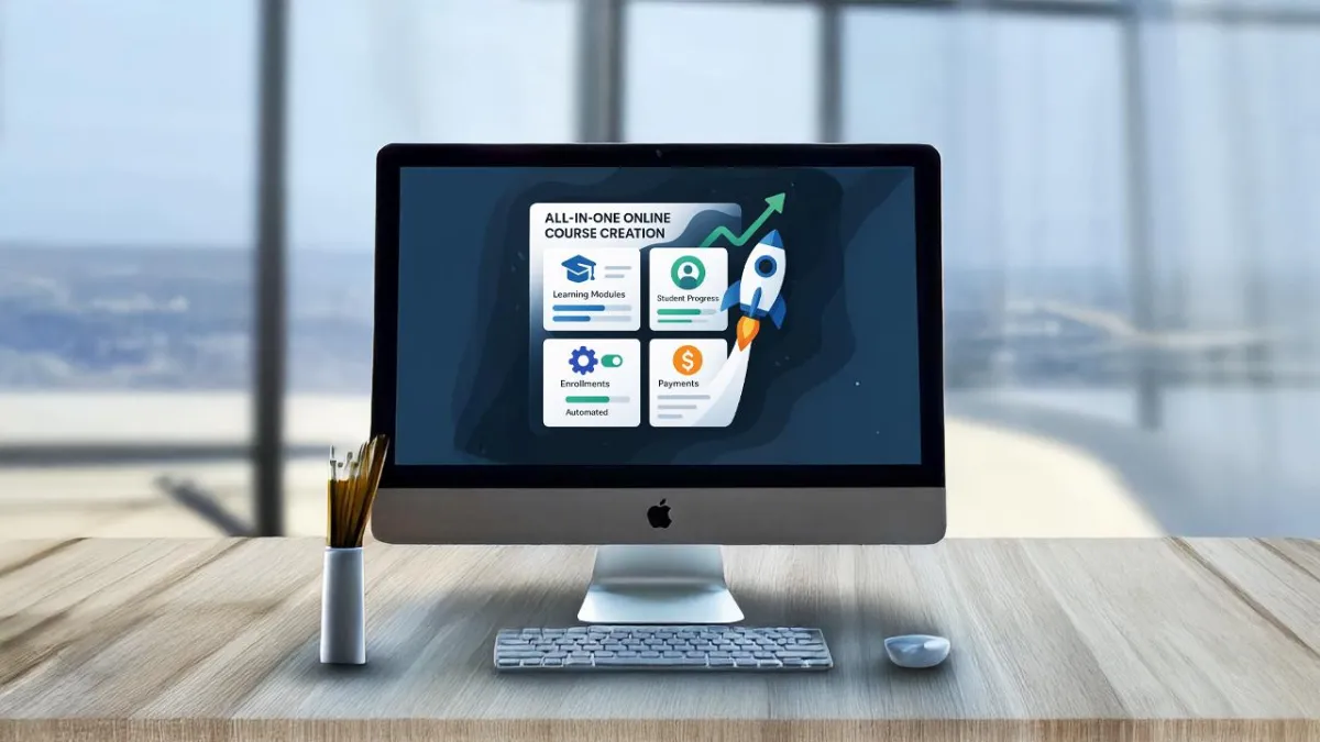 Desktop computer displaying an all-in-one online course creation dashboard with learning modules, student progress, enrollments, payments, and a rocket icon.