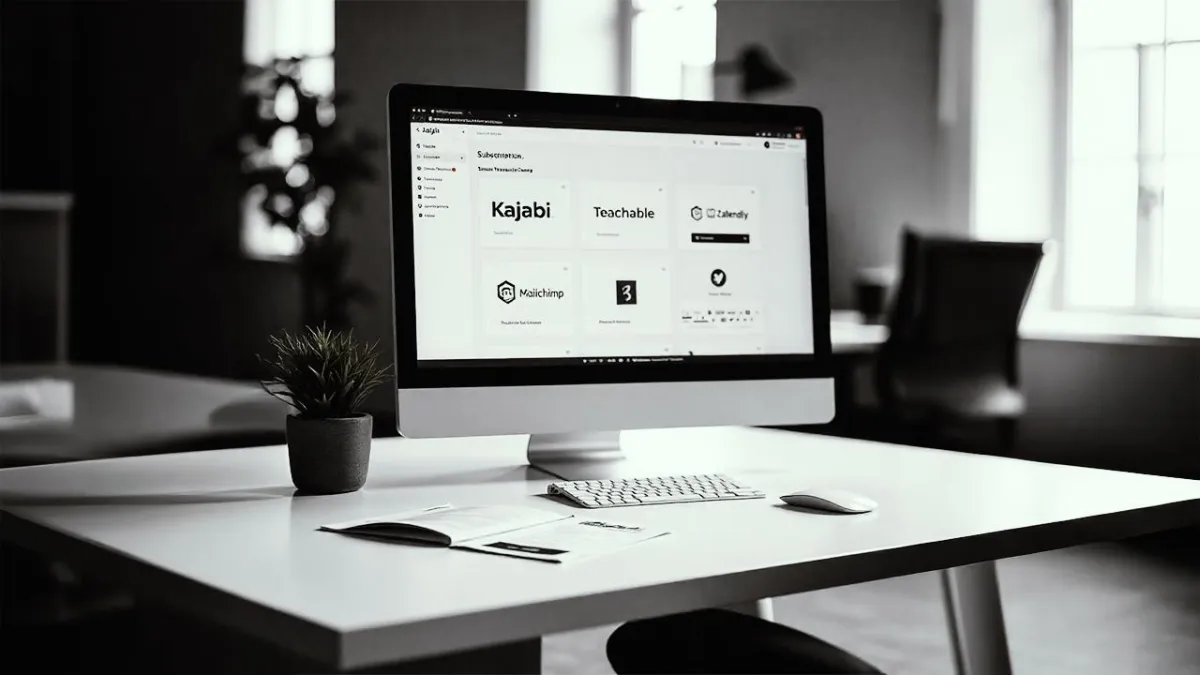 Desktop monitor showing integrations like Kajabi, Teachable, Calendly, and Mailchimp.