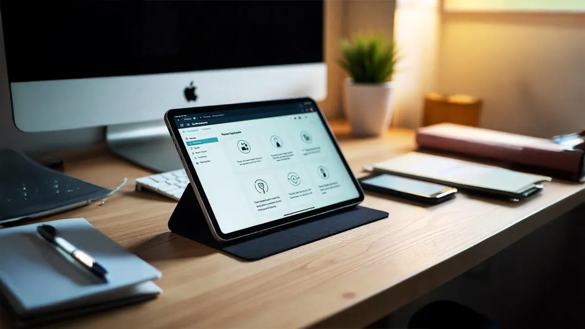 Tablet on an office desk displaying a business software dashboard, with a desktop monitor, phone, notebook, and plant nearby.