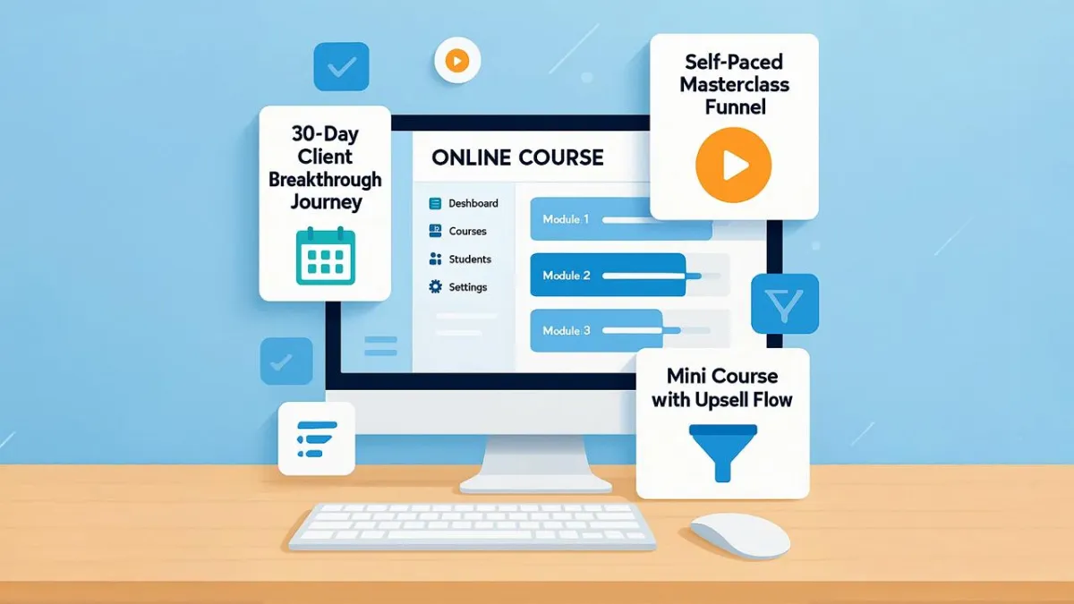Illustration of an online course platform with module list and promotional cards for a 30-day client breakthrough journey, self-paced masterclass funnel, and mini course upsell flow.