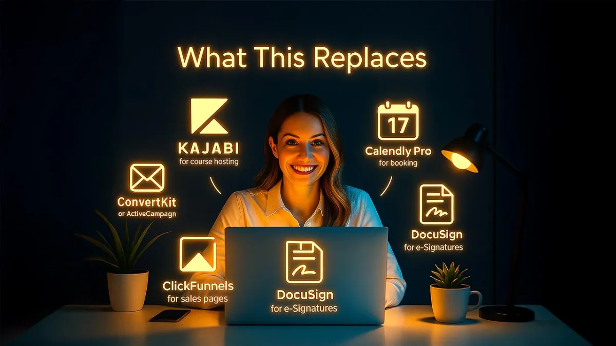 Woman smiling behind a laptop with glowing labels for tools replaced, including Kajabi, Calendly Pro, ConvertKit, ClickFunnels, and DocuSign.