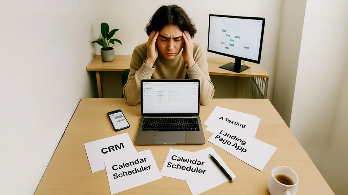 Frustrated person at desk with scattered tools labeled CRM, scheduler, texting, and landing page apps.