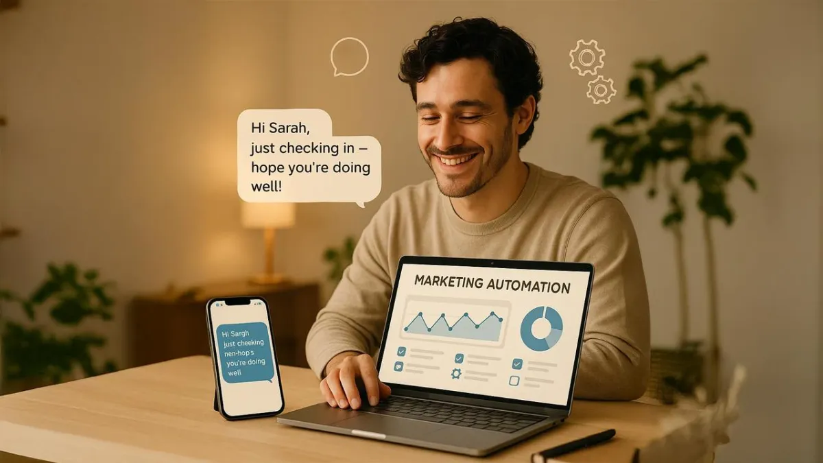 Man using a laptop with marketing dashboard and phone showing automated follow-up message.