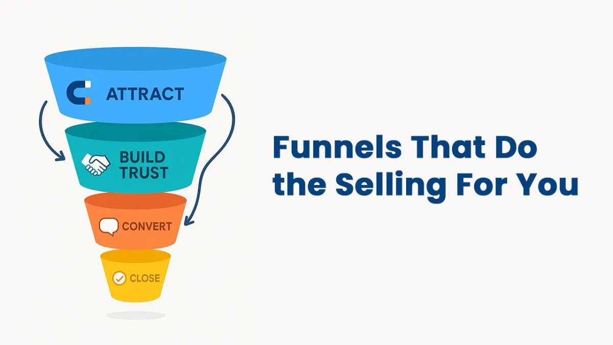 Sales funnel graphic labeled Attract, Build Trust, Convert, and Close with automation messaging.
