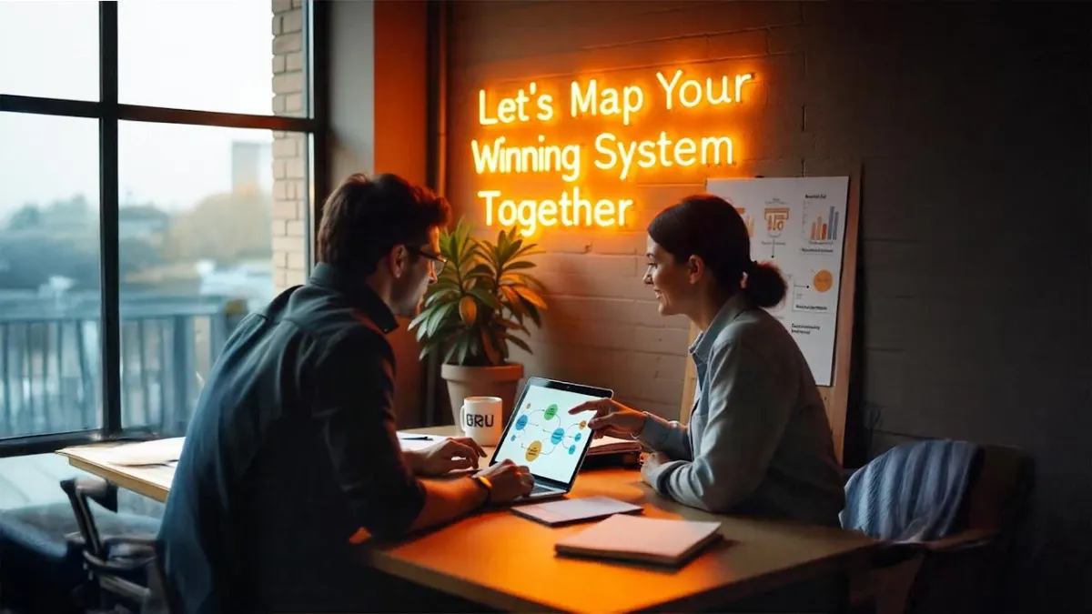 Two coworkers reviewing a tablet under a neon sign reading “Let’s Map Your Winning System Together.”