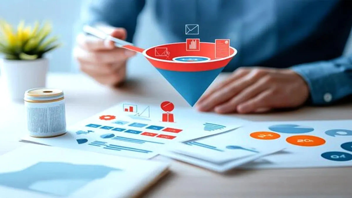 Marketing funnel illustration above printed charts and reports on a desk, symbolizing lead capture and conversion
