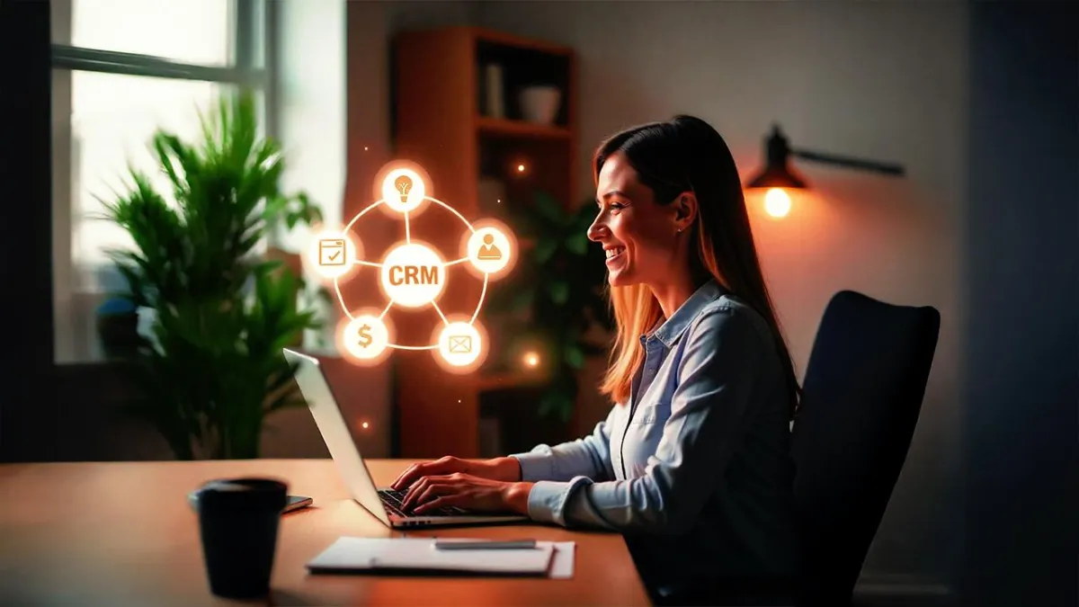 Woman working on a laptop at a desk with a glowing CRM graphic showing connected business functions.