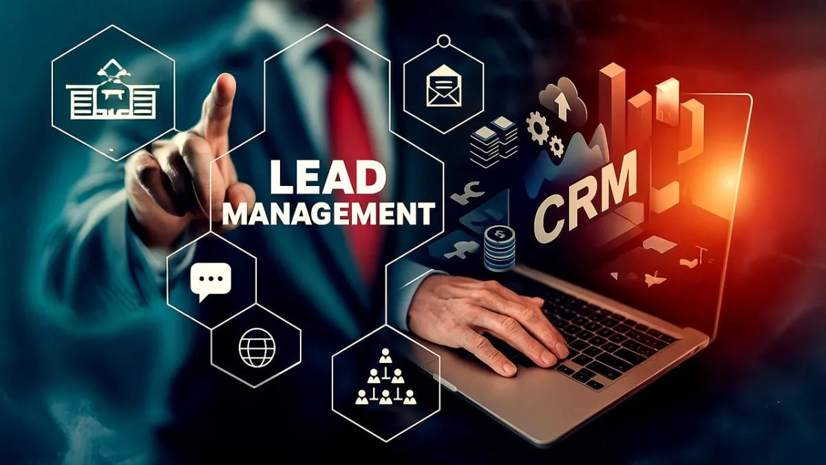 Businessperson using a laptop with overlaid CRM and lead management graphics, including icons for messaging, contacts, and email.