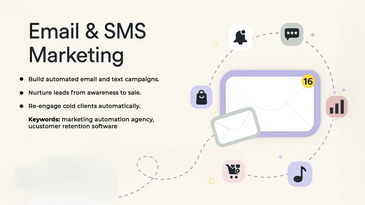 Graphic titled ‘Email & SMS Marketing’ with bullet points and illustrated message, notification, and analytics icons around an envelope