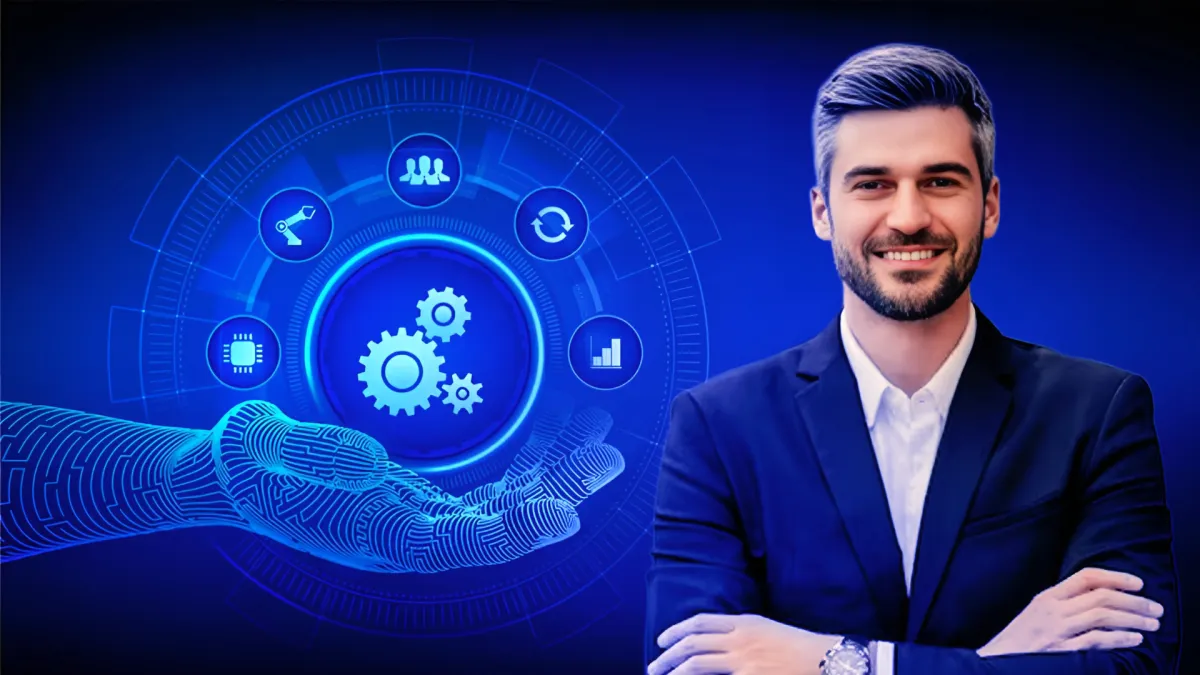 Smiling businessman in a suit beside a blue automation graphic with robotic hand, gears, and workflow icons