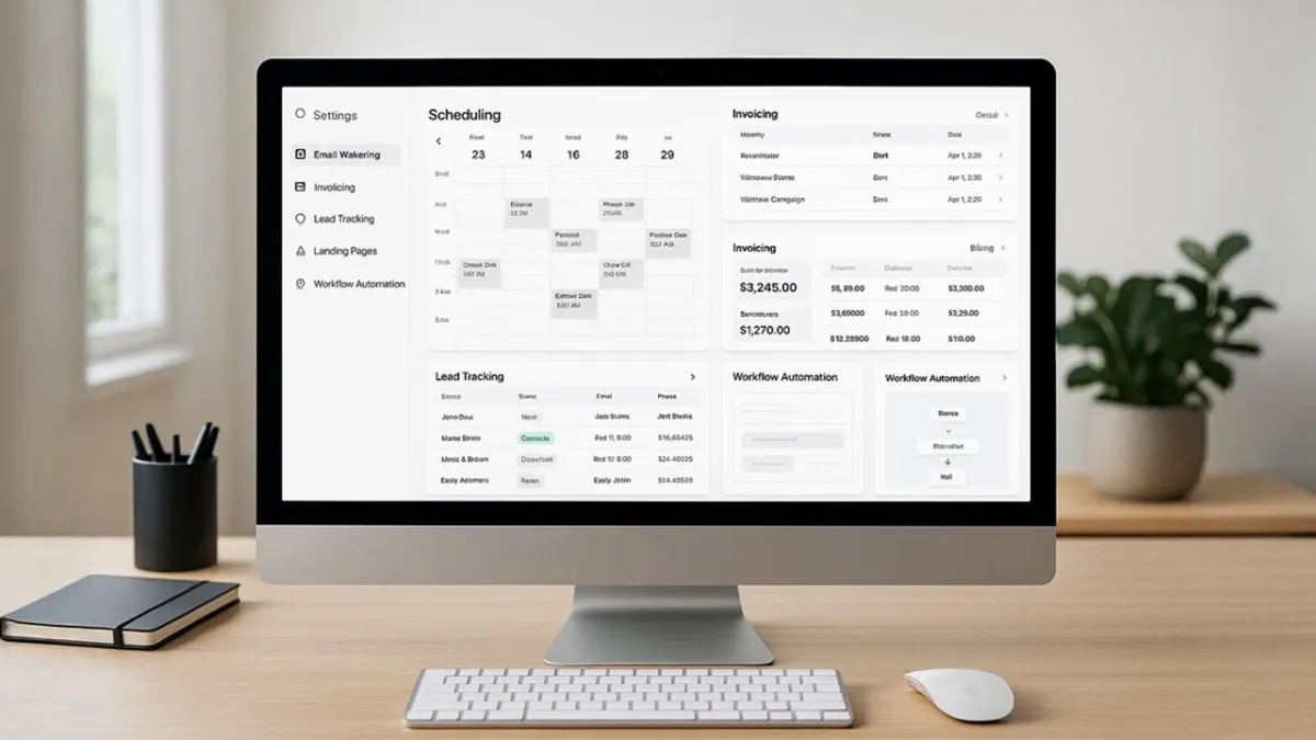 Desktop monitor displaying a business dashboard with scheduling, invoicing, lead tracking, landing pages, and workflow automation