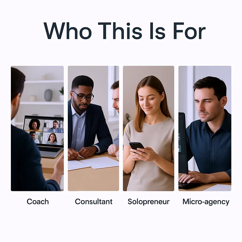 Graphic titled ‘Who This Is For’ showing four audience types: coach, consultant, solopreneur, and micro-agency