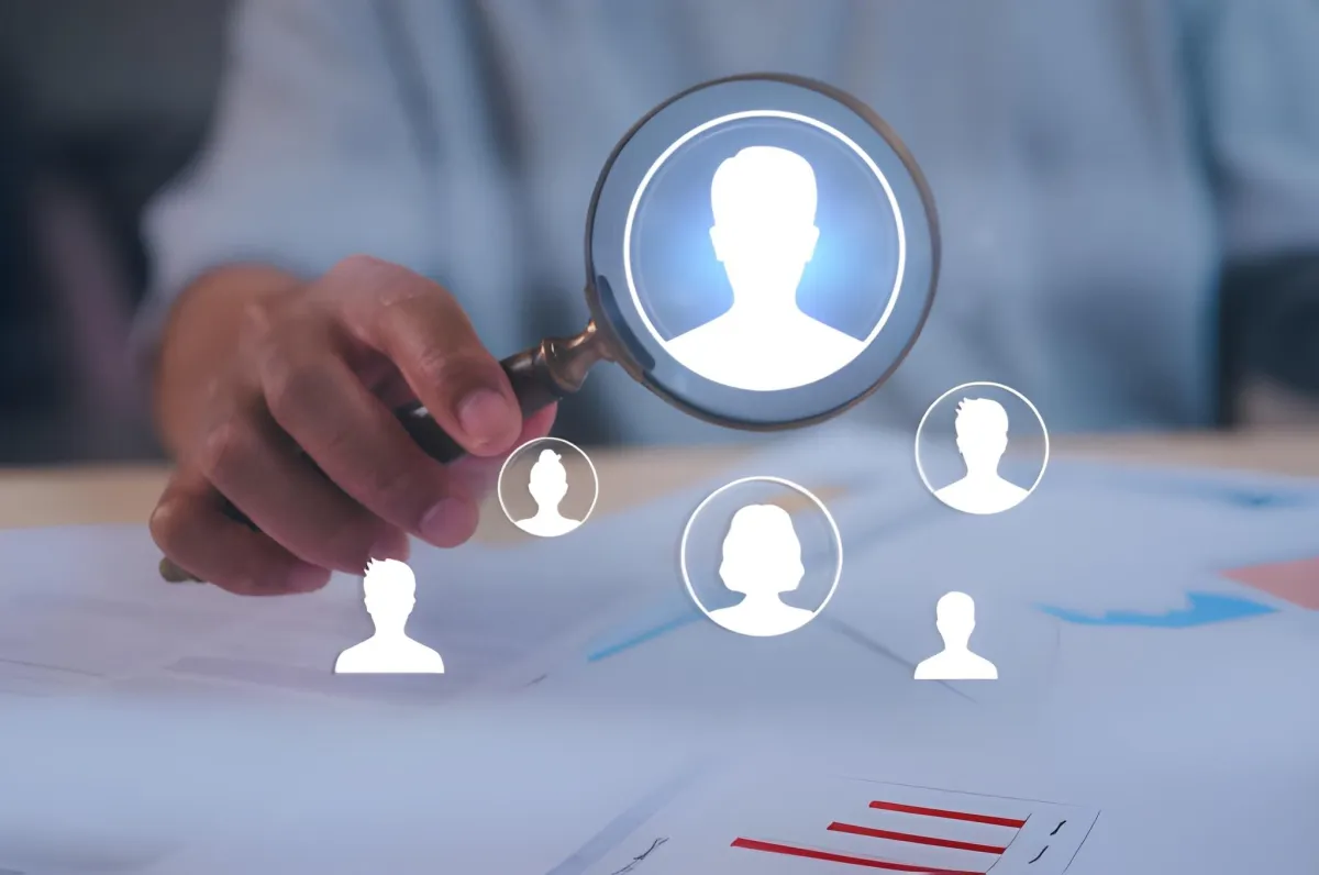 Magnifying glass highlighting a user icon representing audience targeting or lead selection.