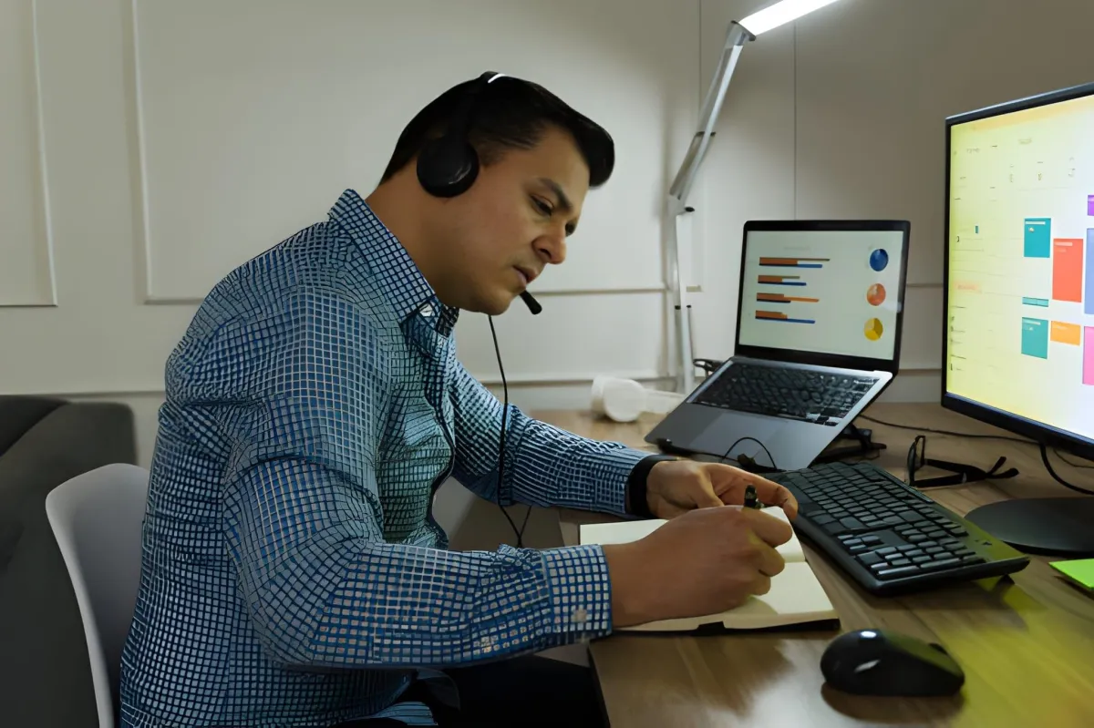 Man wearing headset writing notes at desk with laptop and dashboard screens.