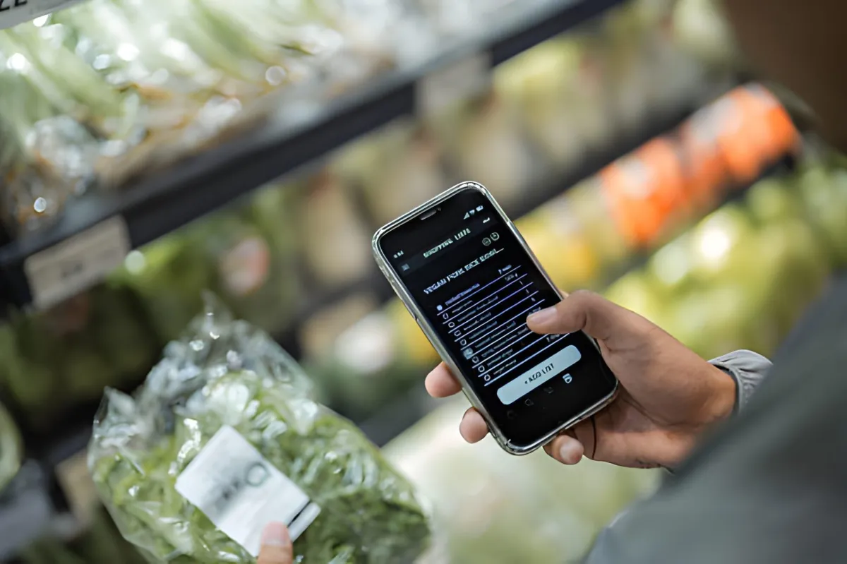Person shopping with smartphone checklist while holding a bag of lettuce in grocery aisle.