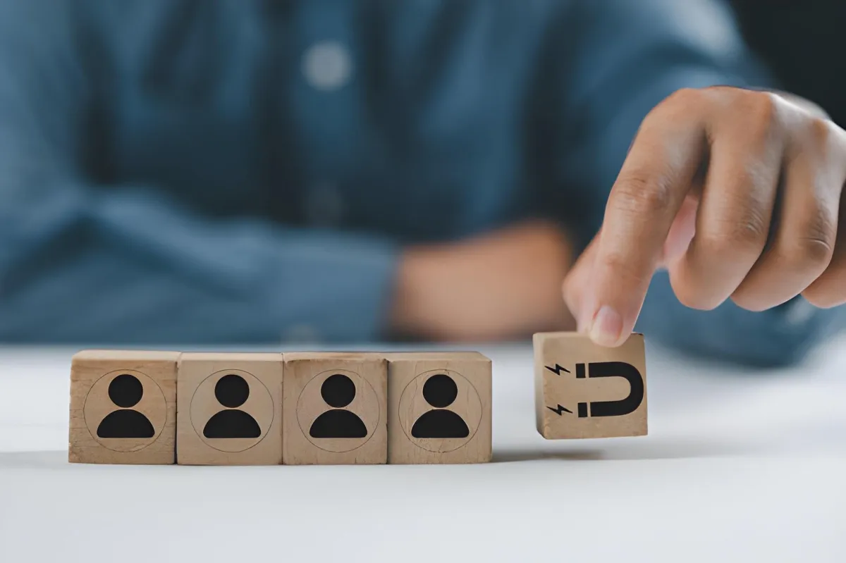 Hand placing a wooden block with a magnet icon next to blocks showing person icons, symbolizing customer attraction or lead generation.