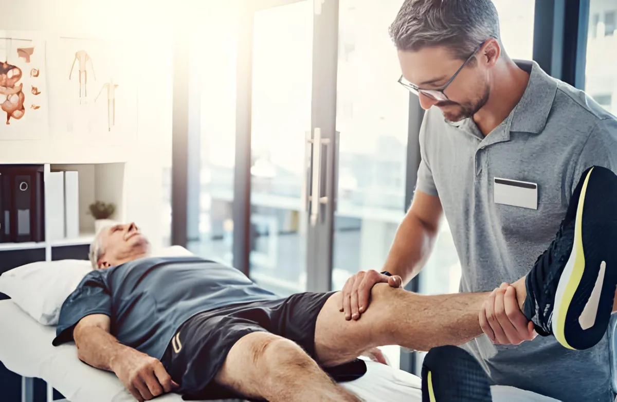 Physical therapist assisting an older man with a leg stretch on an exam table in a bright clinic.