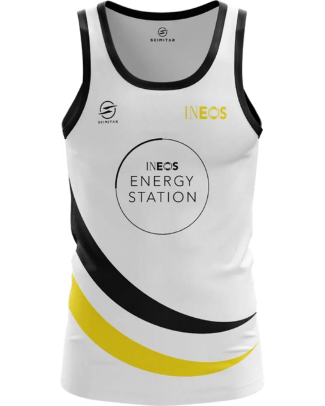 3D mockup of a custom corporate running vest featuring technical spec callout with thin blue leader line and dot highlighting breathability zones, dynamic lighting
