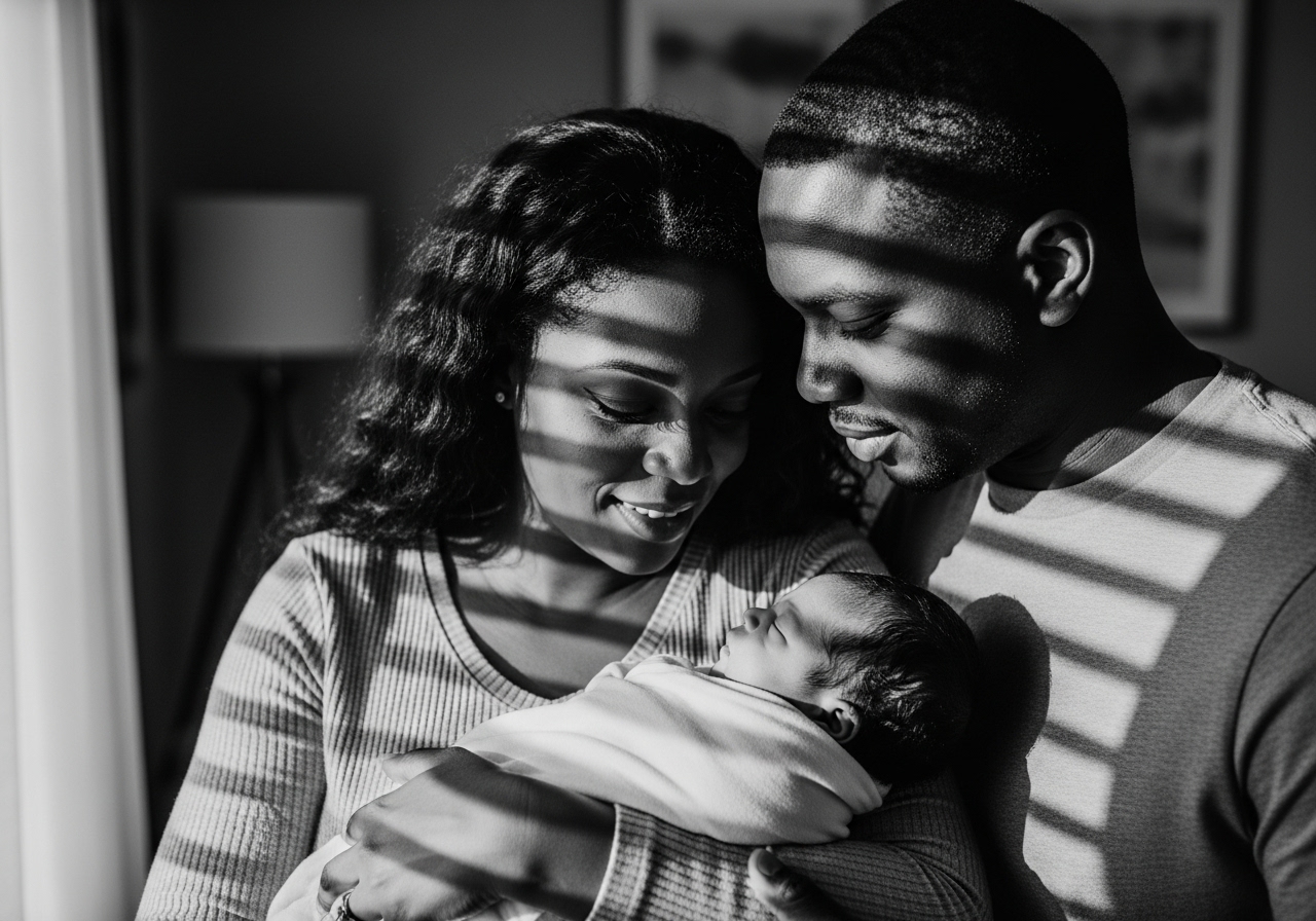 A parent fills out a birth registration form at a tidy desk, with official documents, a pen, and a baby photo visible. Soft daylight streams in, and a helpful staff member gestures supportively. The image emphasizes clarity, organization, and the supportive guidance provided during the birth certificate process.