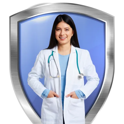 a doctor with her hand up