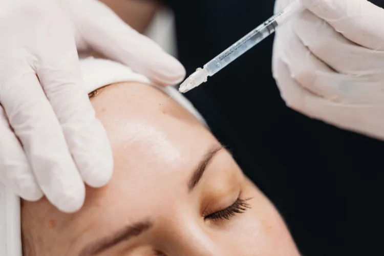 Close-up of a Botox® injection about to be administered to the forehead at Prestige Skin Cambridge