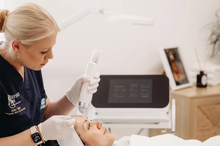 Close-up of a Botox® injection about to be administered to the forehead at Prestige Skin Cambridge
