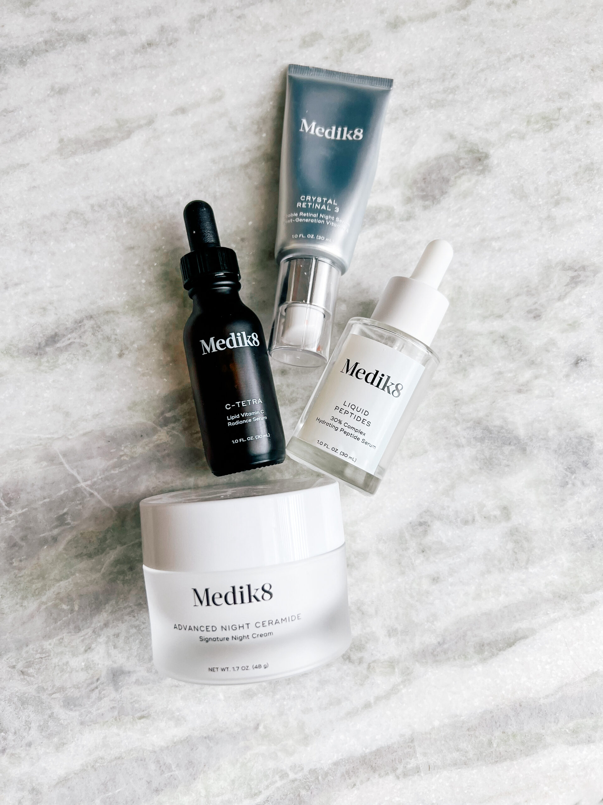 Medik8 Crystal Retinal, Liquid Peptides, Advanced Night Restore and C-Tetra vitamin C serum, available at Prestige Skin with 25% off