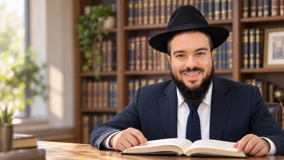 Rabbi Rachamim Bitton at a study table in front of bookshelves