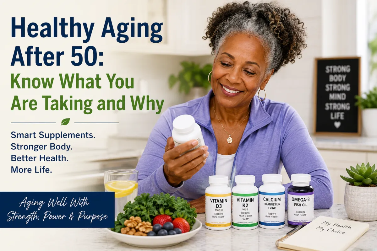 Smiling older African American woman reviewing supplement bottles in a bright kitchen surrounded by healthy foods, promoting healthy aging, vitamin D3 and K2 education, and wellness after age 50.