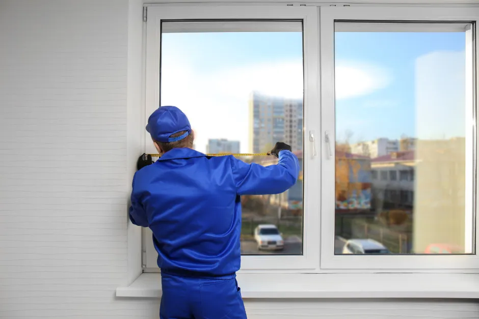 Man repairing commercial glass window