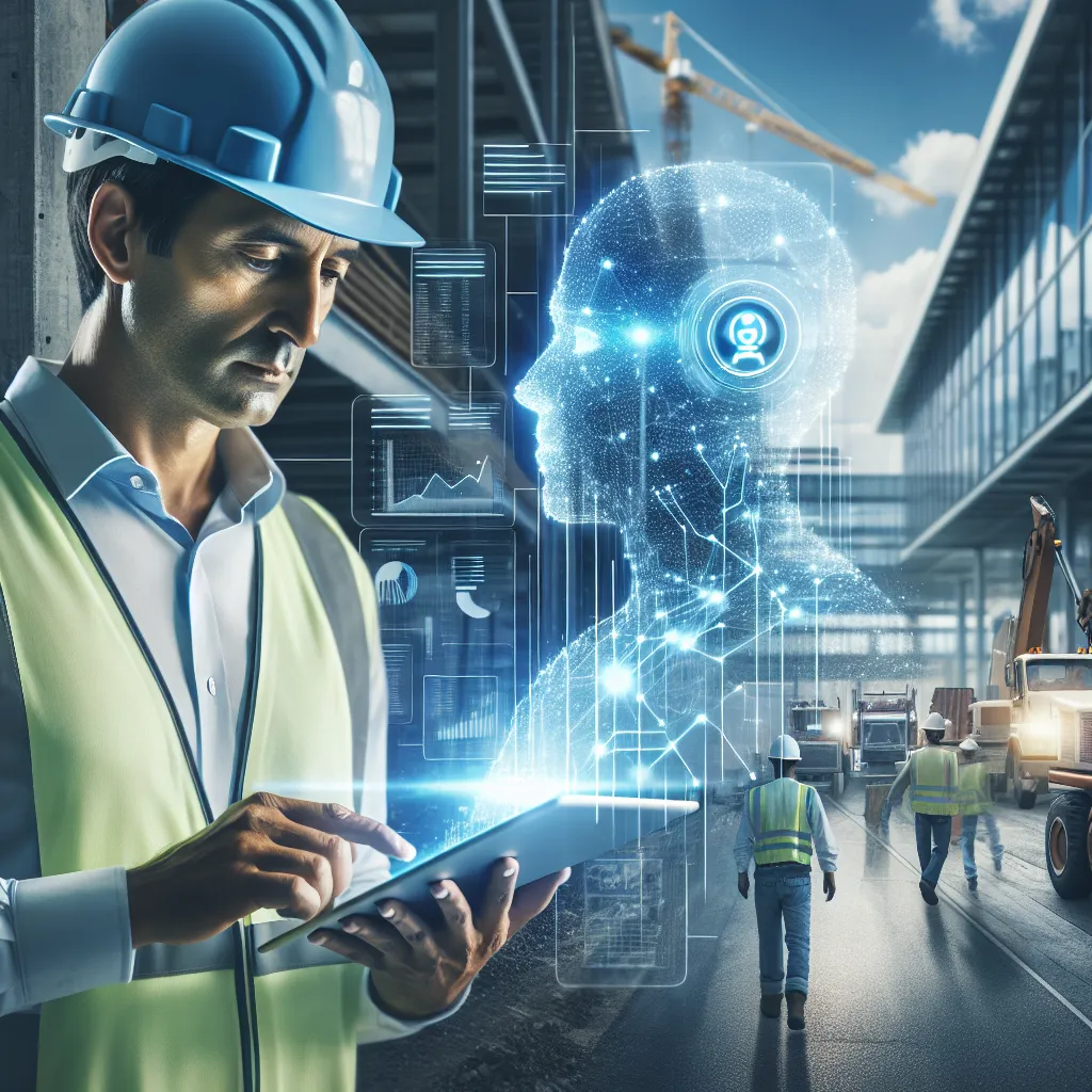 A modern construction site with a confident contractor and an AI hologram assistant, symbolizing collaboration between human and AI.