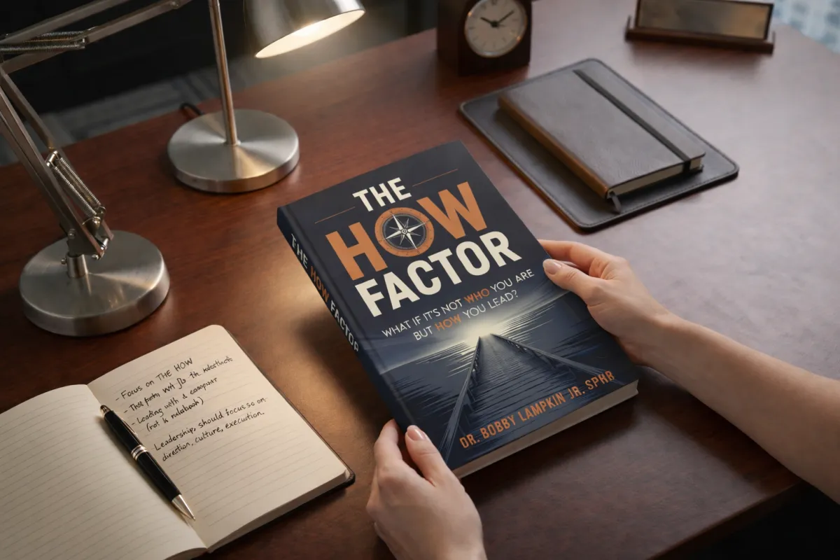 Executive Holding The HOW Factor and taking notes.