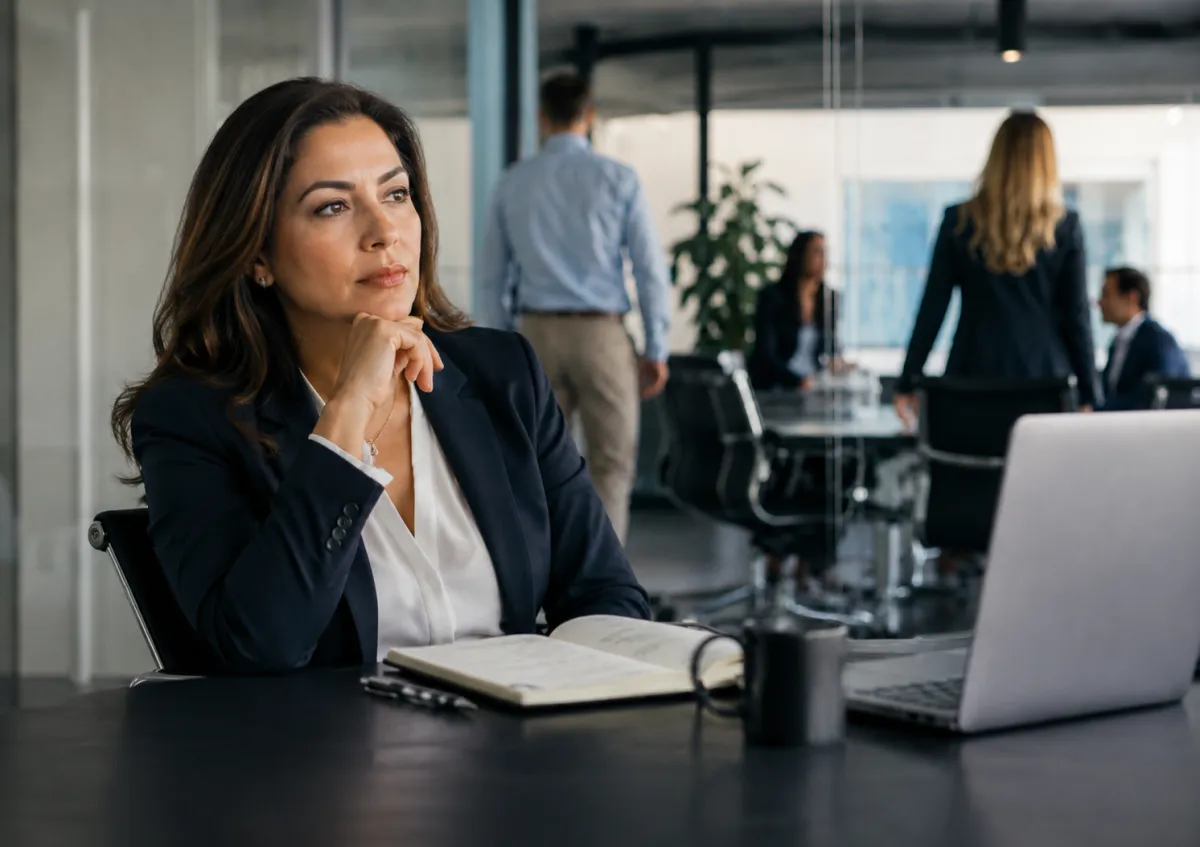 Hispanic Female Executive Contemplating Intent vs Impact