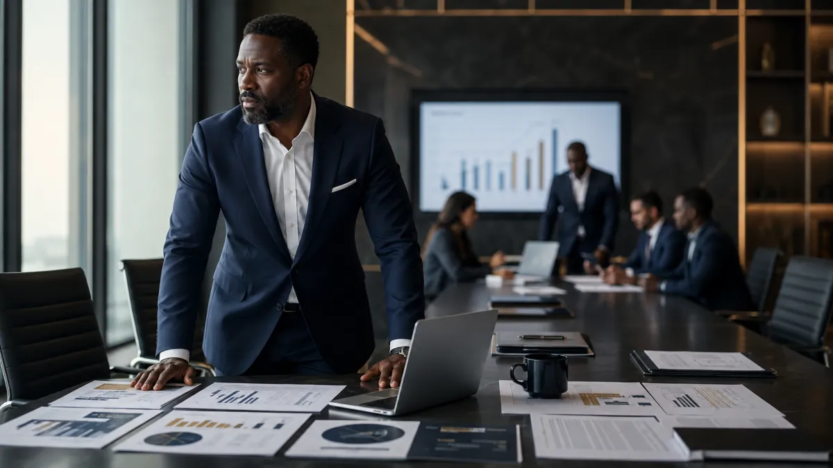 Black Male Executive Standing Over Desk Mulling Over Decision
