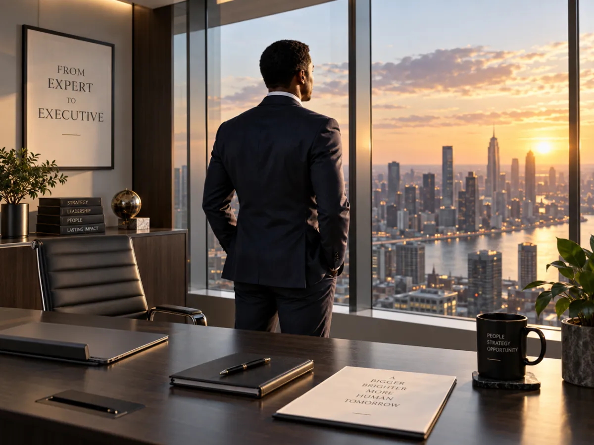 Black male executive looking out window with hands in pocket. From Expert to Executive poster on wall
