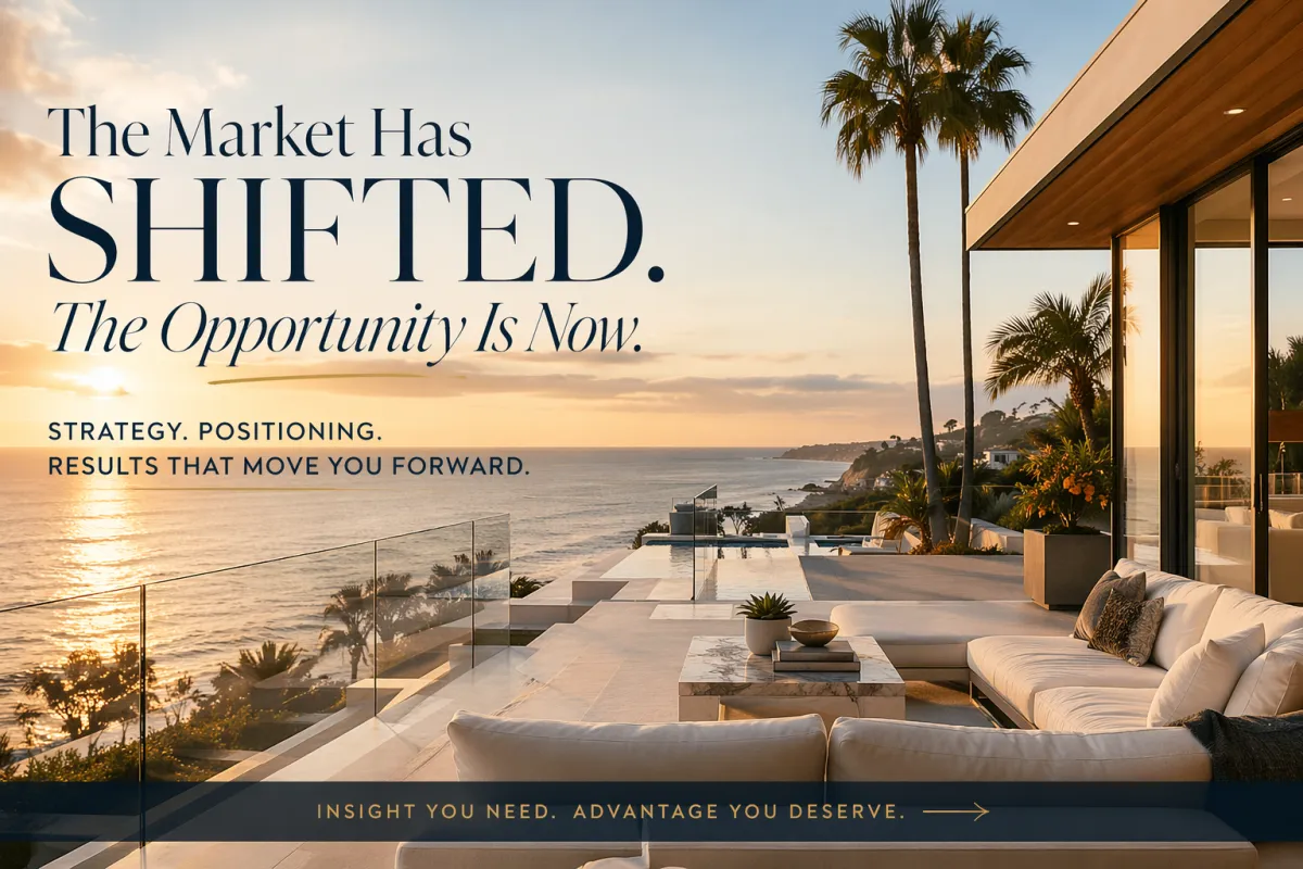 Luxury oceanfront home at sunset with modern terrace and infinity pool overlooking the California coast, highlighting the Spring 2026 housing market shift and strategic real estate opportunities