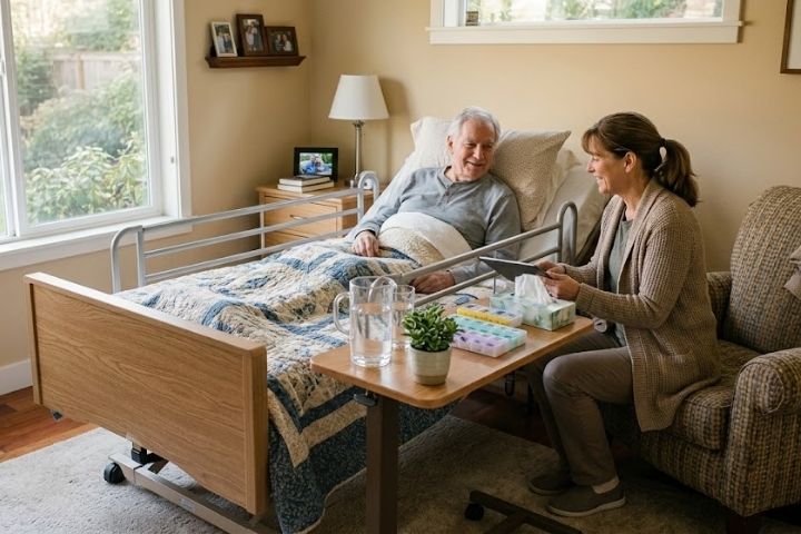 A caregiver monitoring a patient at home utilizing temporary Hospital bed rentals.