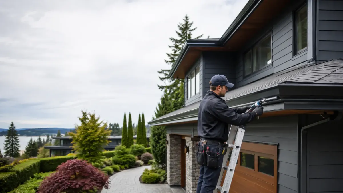 Technician repairing a seamless gutter system on a luxury Kirkland residence with clean fascia boards, modern siding, and manicured landscaping.
