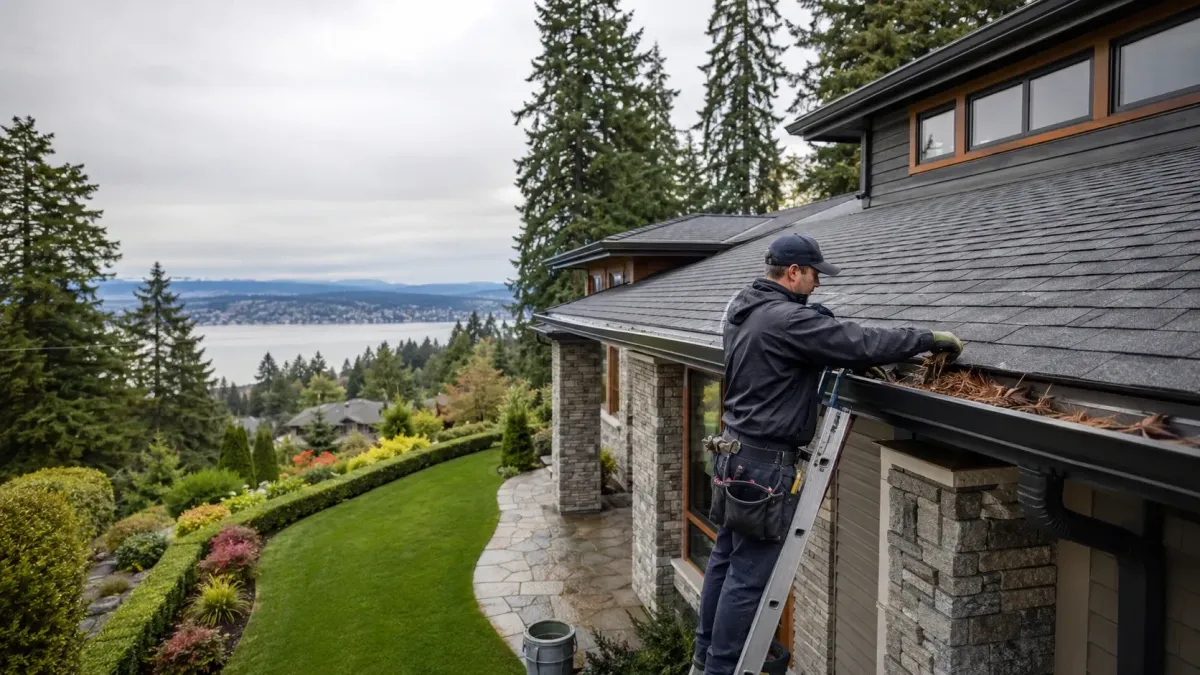 Professional technician cleaning pine needles and debris from seamless gutters on a luxury Kirkland home with manicured landscaping and Lake Washington views.