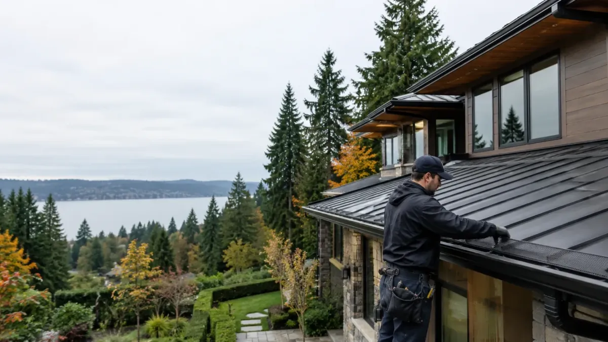 Technician installing premium gutter guards on a modern Kirkland home with clean rooflines, evergreen trees, and luxury Pacific Northwest landscaping.