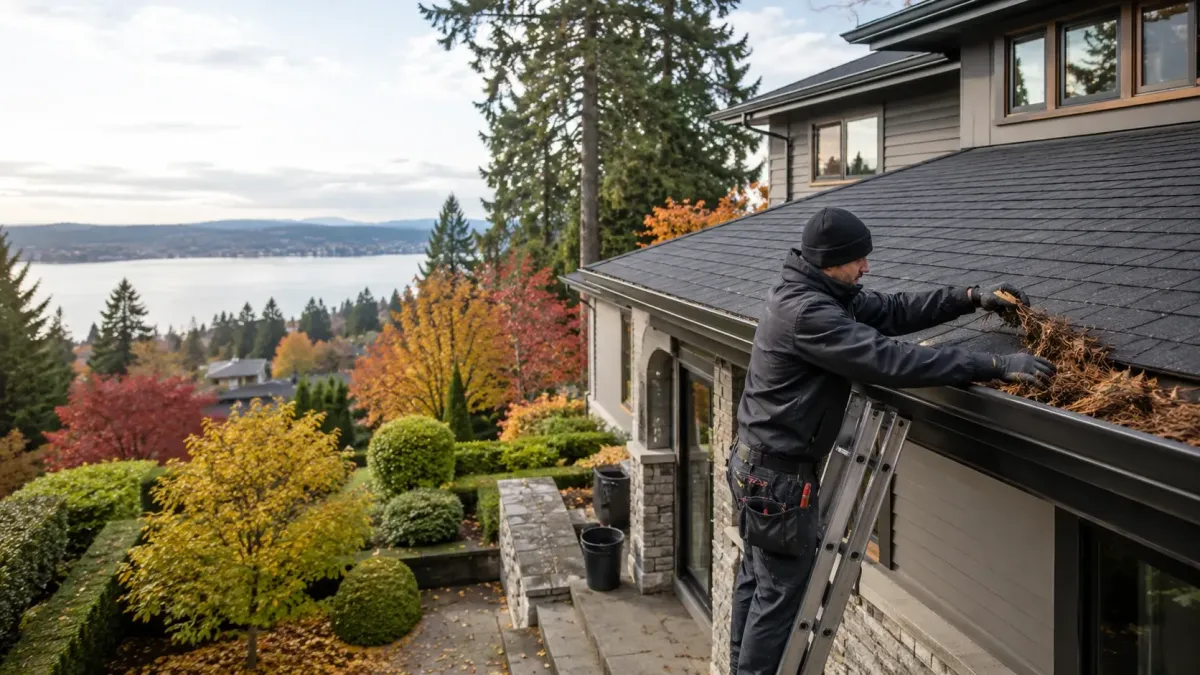 Technician removing heavy autumn leaves and pine needles from residential gutters on an upscale Kirkland home with colorful Pacific Northwest landscaping.