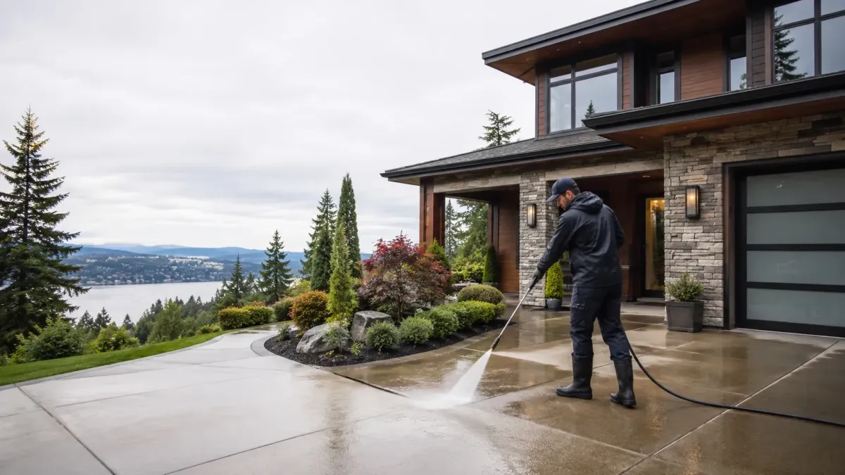 Technician pressure washing the driveway and concrete walkways of a premium Kirkland home with clean hardscaping and luxury Pacific Northwest curb appeal.