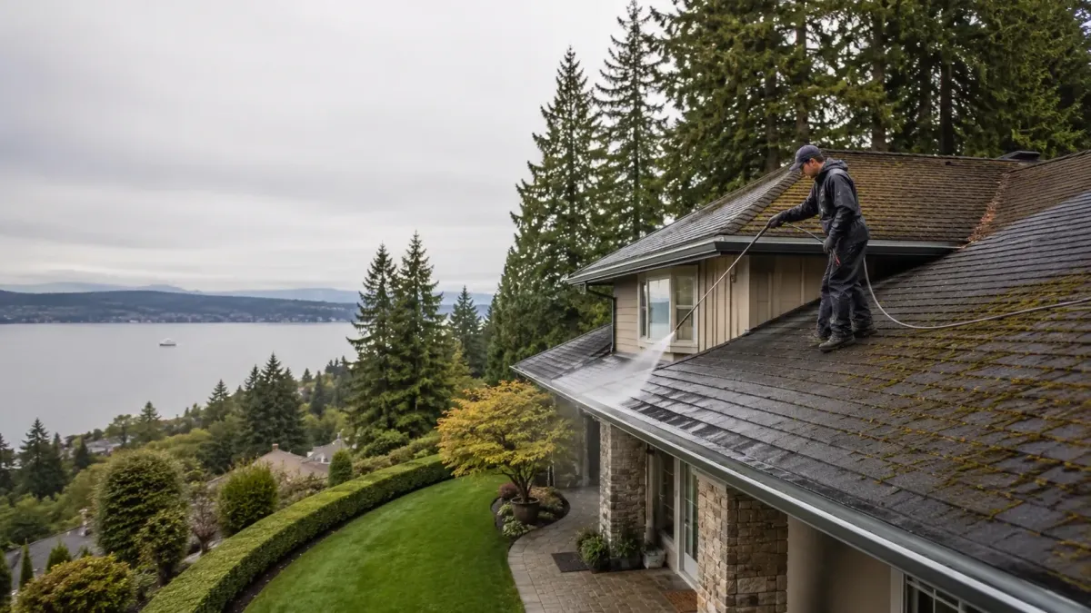 Professional roof moss removal service on a Kirkland home with partially cleaned shingles, clean gutters, mature evergreens, and refined landscaping.