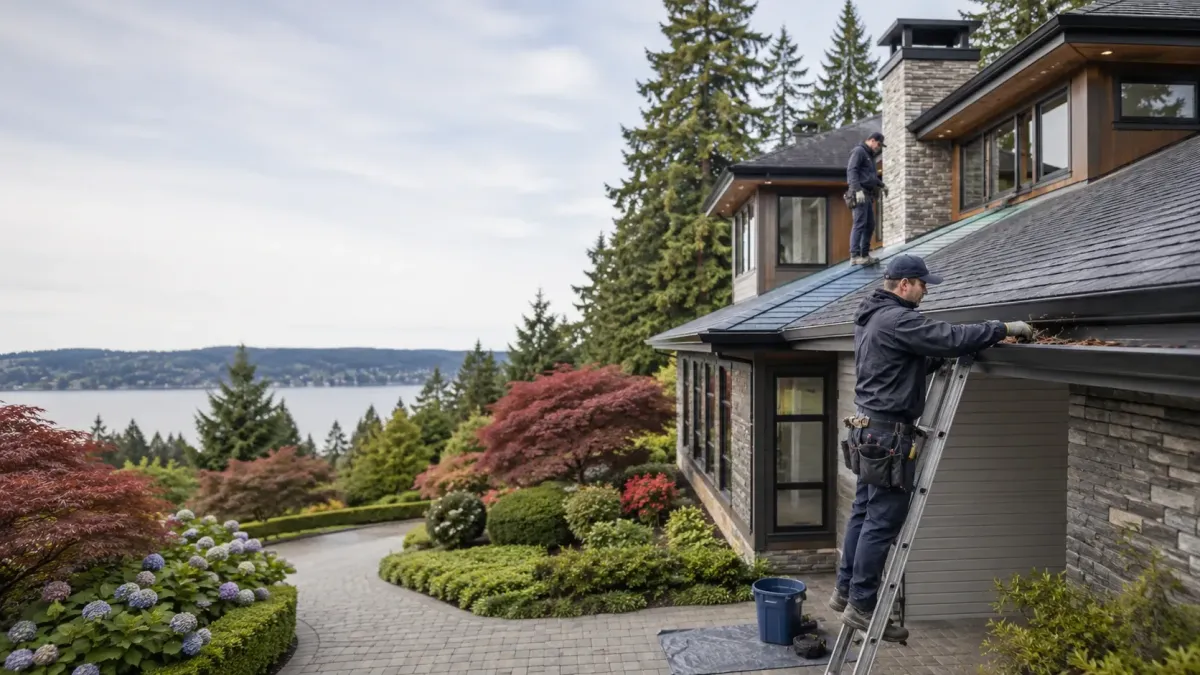 Seasonal gutter maintenance crew clearing gutters and inspecting rooflines on a custom Kirkland home with hydrangeas, Japanese maples, and evergreen trees.