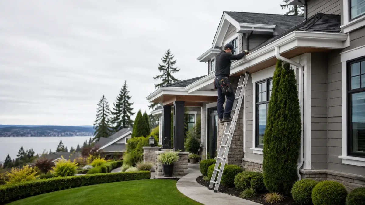 Professionally whitened gutters and clean exterior trim on a luxury Kirkland home with spotless soffits, bright fascia, and polished curb appeal.