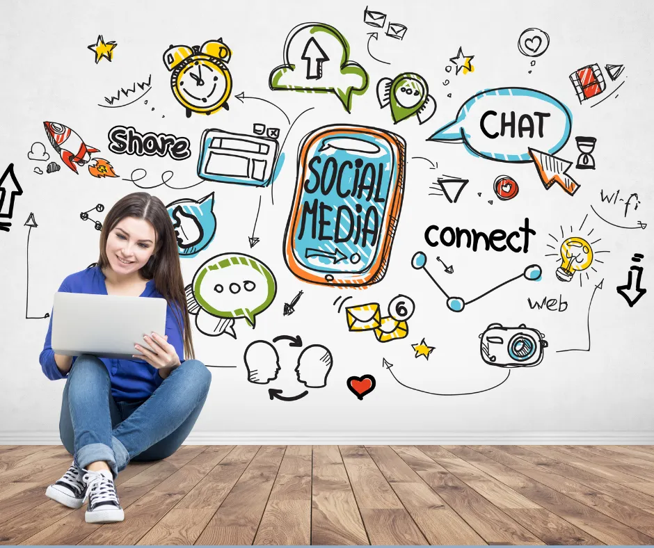 Young woman sitting on the floor with a laptop, surrounded by colorful doodles related to social media, communication, and connectivity, emphasizing digital engagement and content creation.