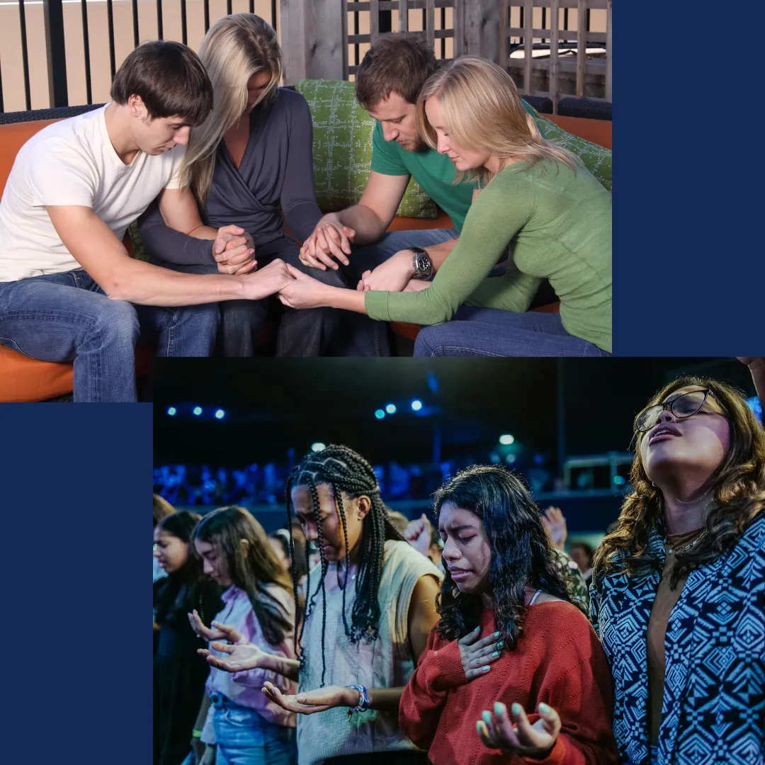 Group of people praying together in a supportive environment, reflecting community and faith, with an emphasis on spiritual connection and collective worship.