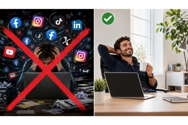 man at computer with cup of coffee and happy no more social media posting
